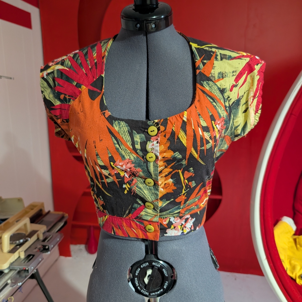 Tropical Print Button-Up Crop Retro Top